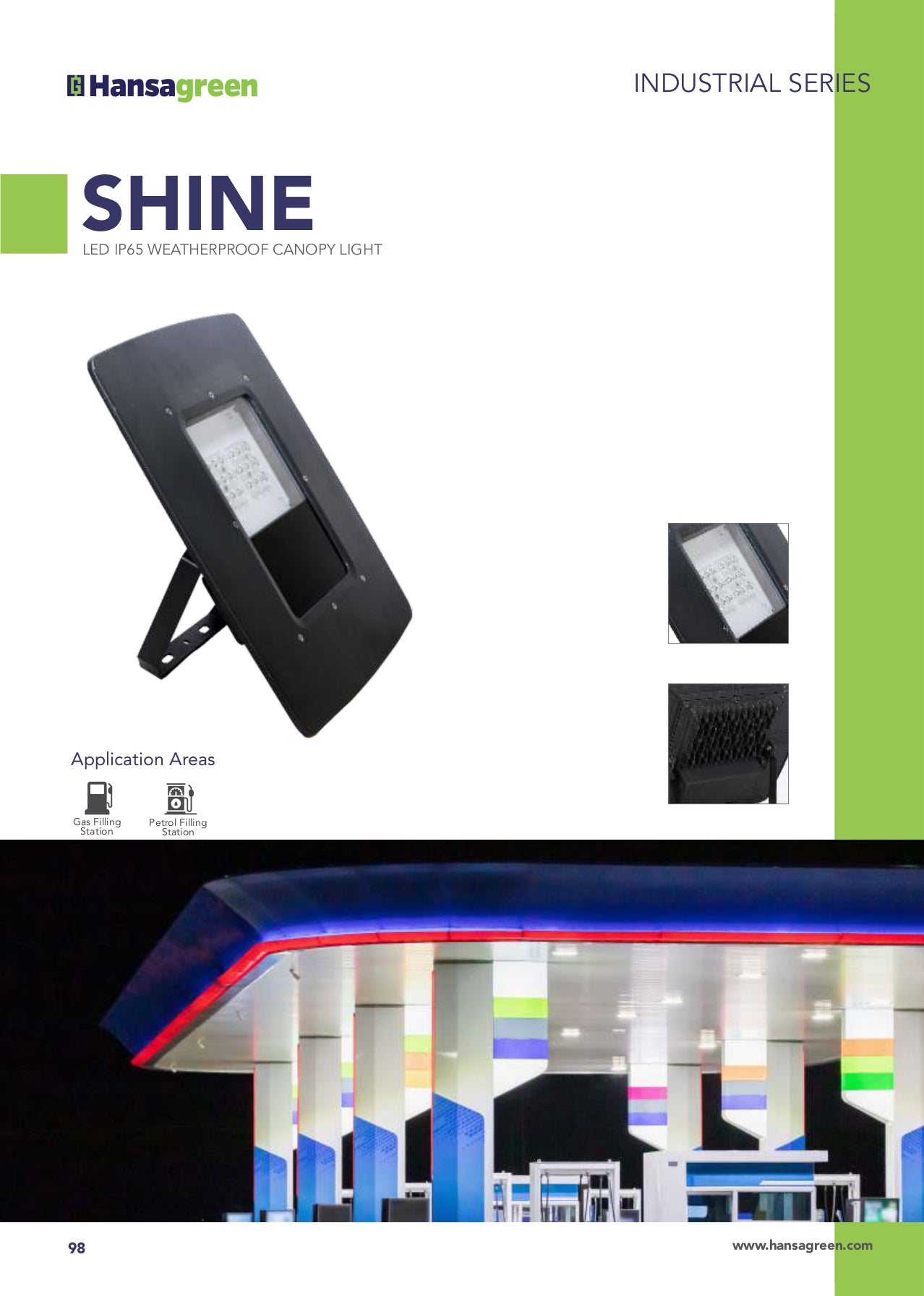 Hansagreen Shine LED outdoor flood light with application examples on a green and white background.