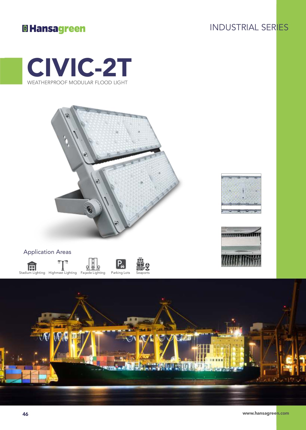 HansaGreen CIVIC-2T industrial flood light with application area icons and a cargo ship background.