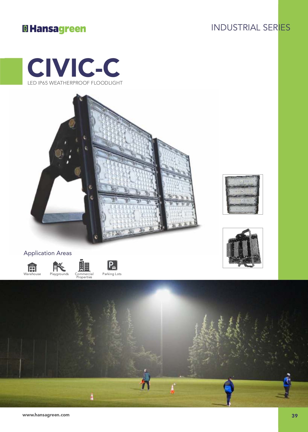 Hansagreen LED floodlight with application area icons and a scene of people on a field.