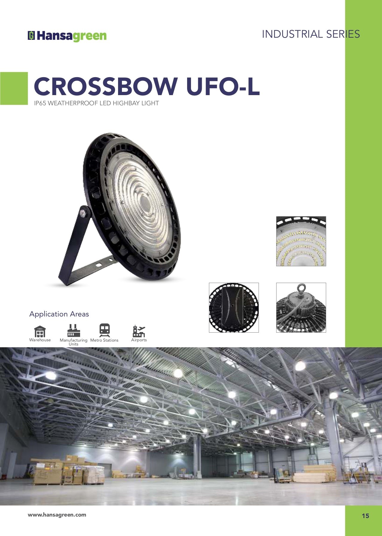 Hansagreen Crossbow UFO-L LED industrial light with product details and application examples.