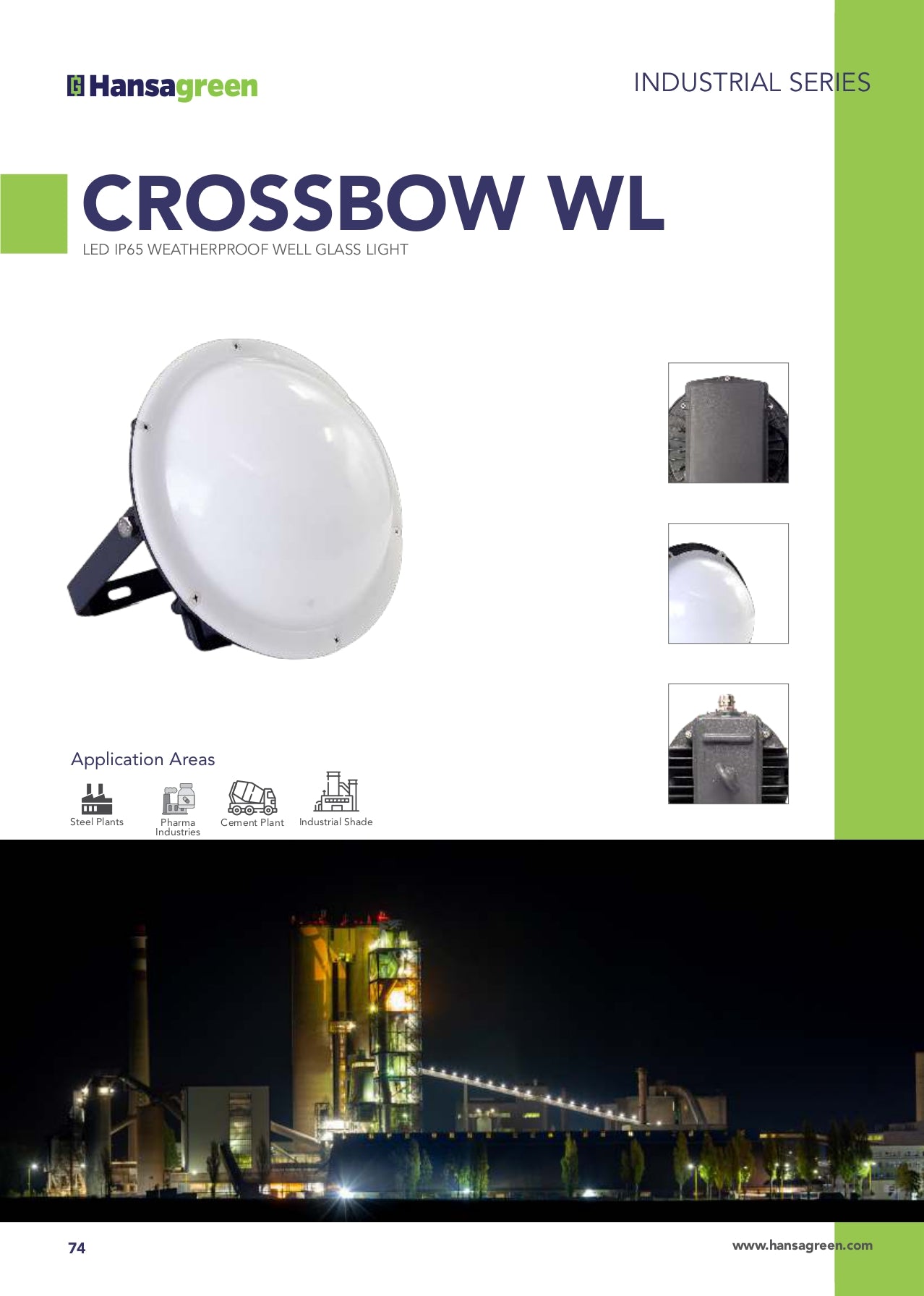 Hansagreen Crossbow WL LED high-intensity light with application area icons and night-time industrial scene.