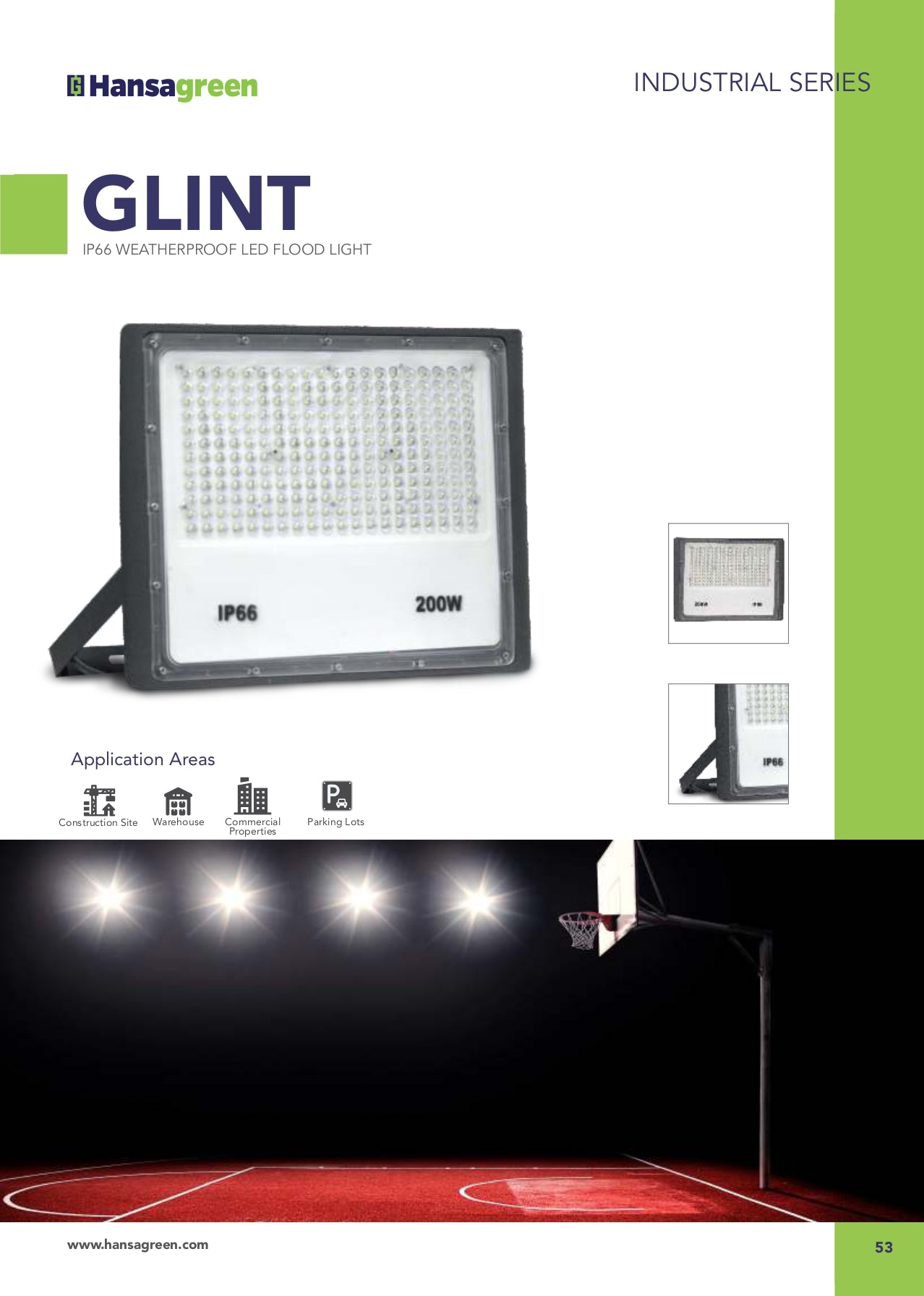 Hansagreen GLINT LED flood light with application examples on a dark background