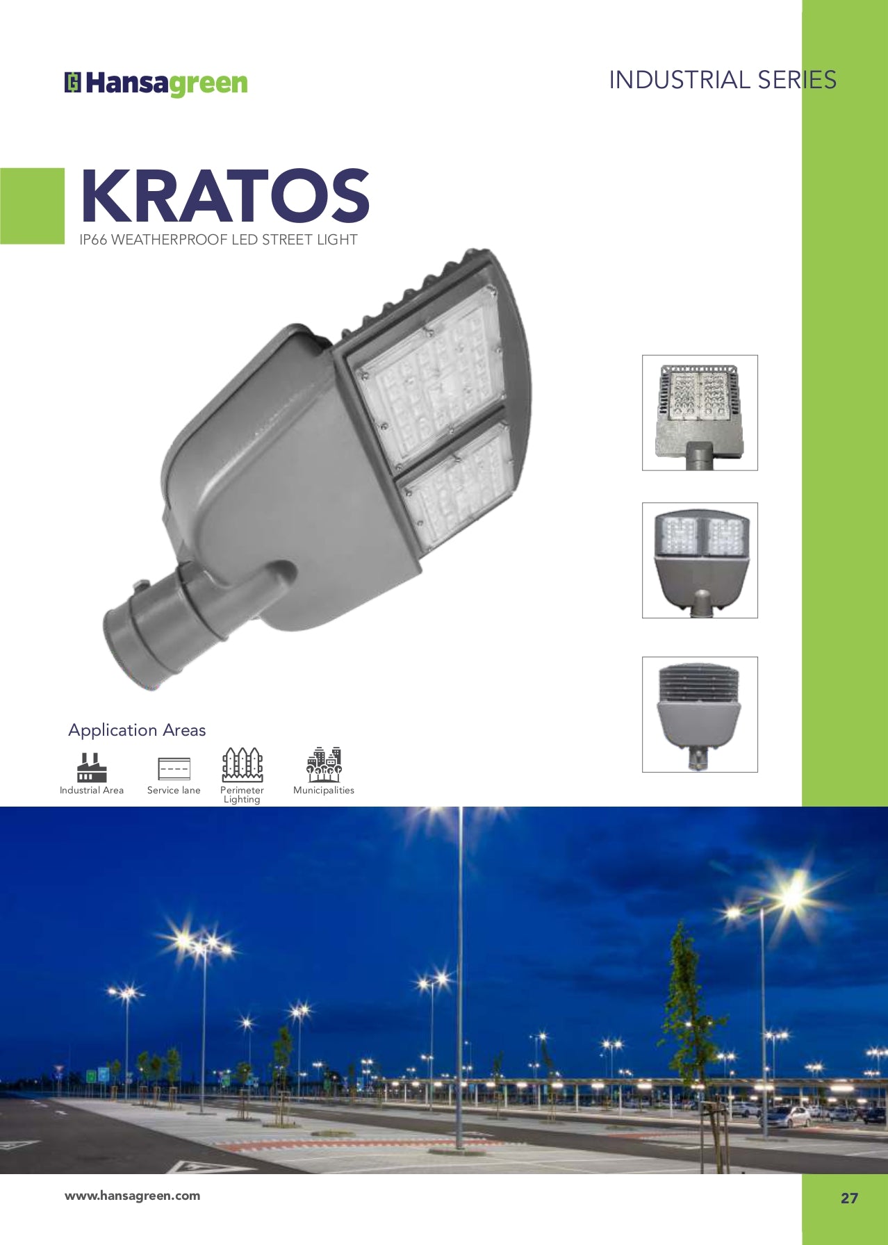 Hansagreen Kratos LED street light with product details and application areas on a green and blue background.