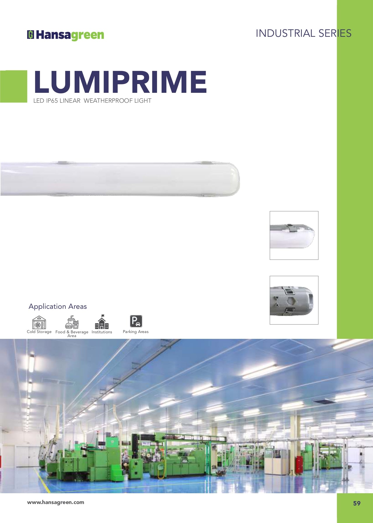 Hansagreen Lumiprime LED industrial warehouse light advertisement with a factory interior background.