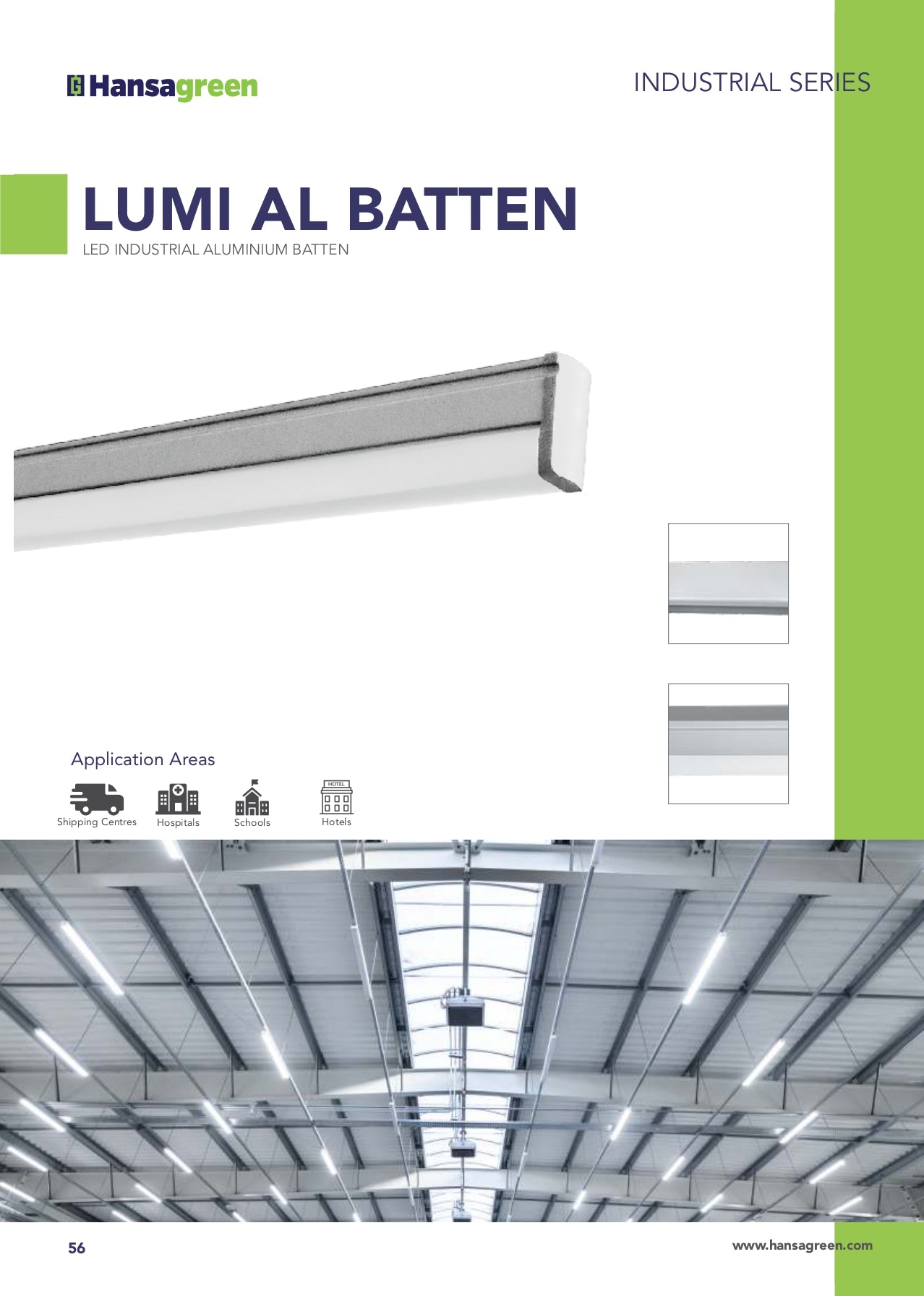 Hansagreen LUMI AL BATTEN LED industrial aluminum batten with application area icons on a green and white background.