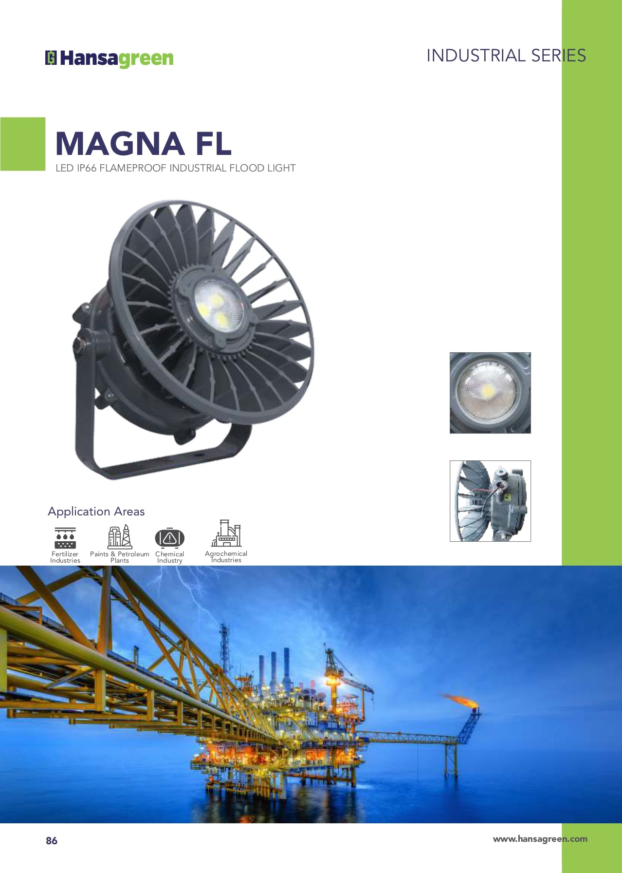 Hansagreen Magna FL LED floodlight with application areas and platform image on a white background