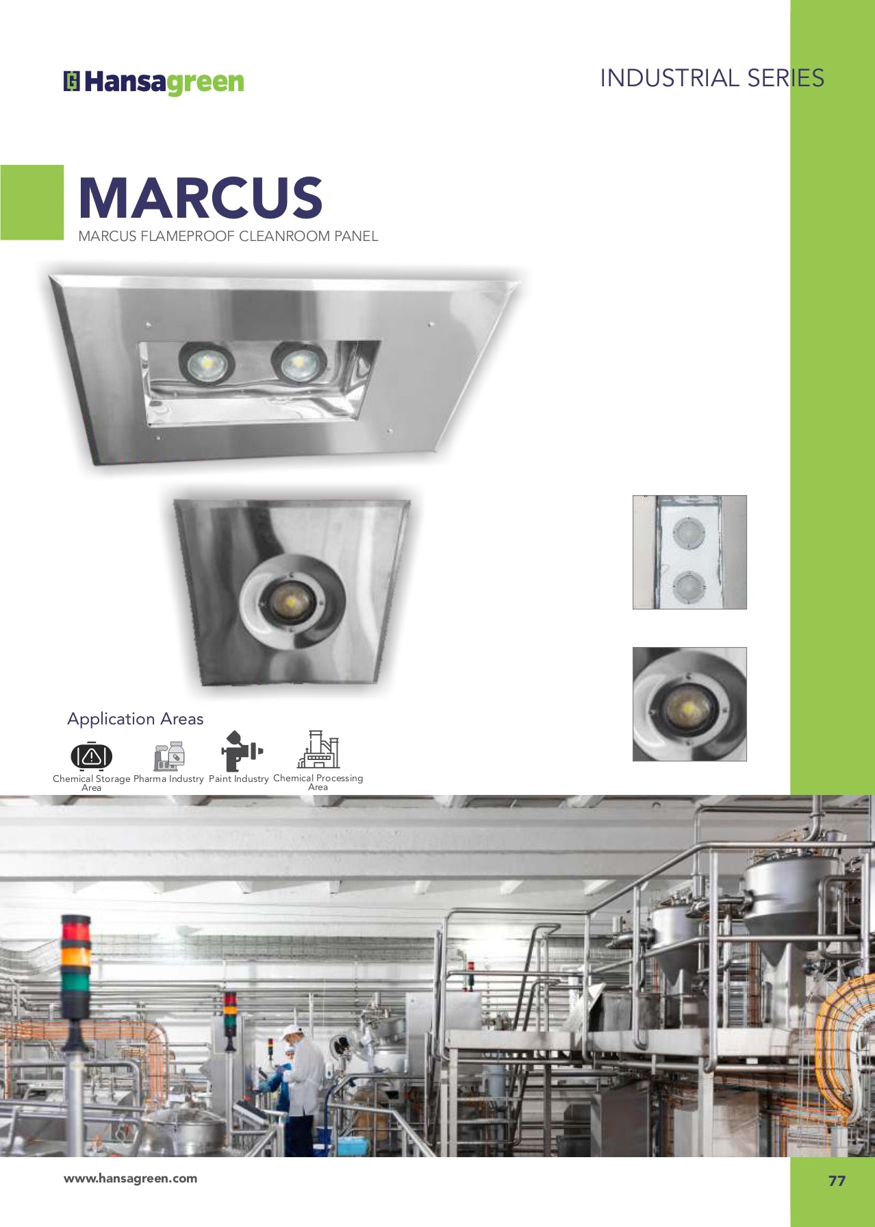 Hansagreen Marcus industrial ceiling panel with application area icons and factory interior.