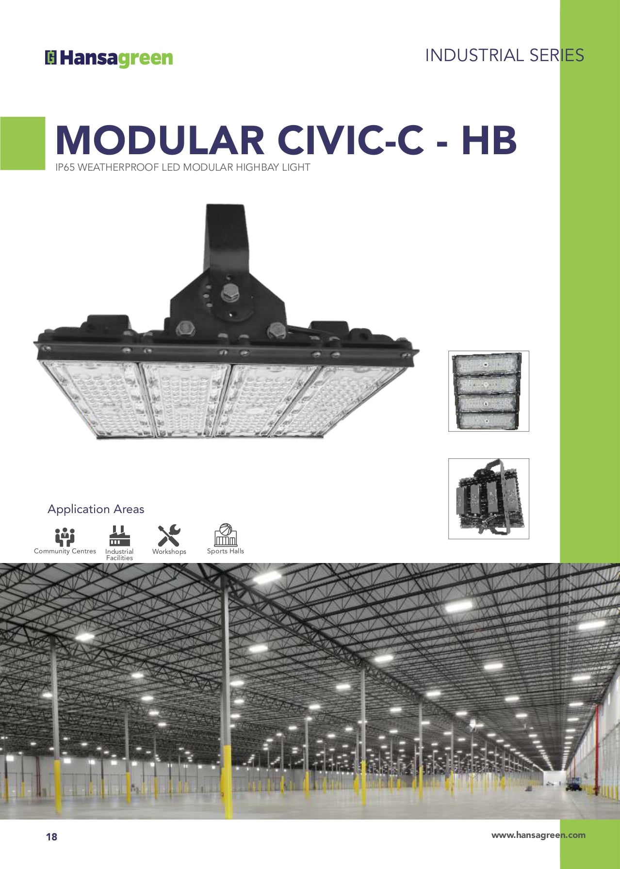 Hansagreen Modular Civic-C HB industrial LED light fixture with warehouse application example.