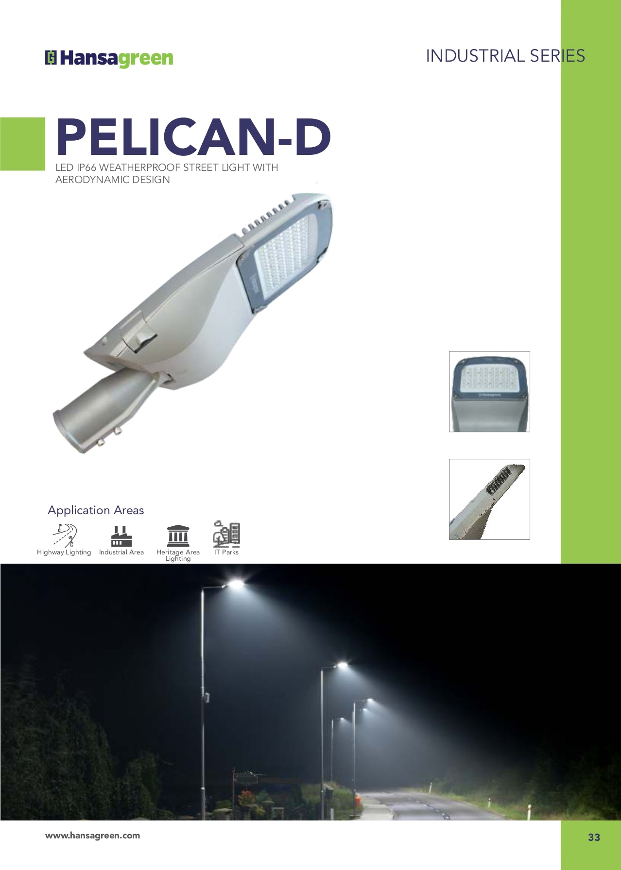 Hansagreen Pelican-D LED street light with application areas and product details on a dark background.