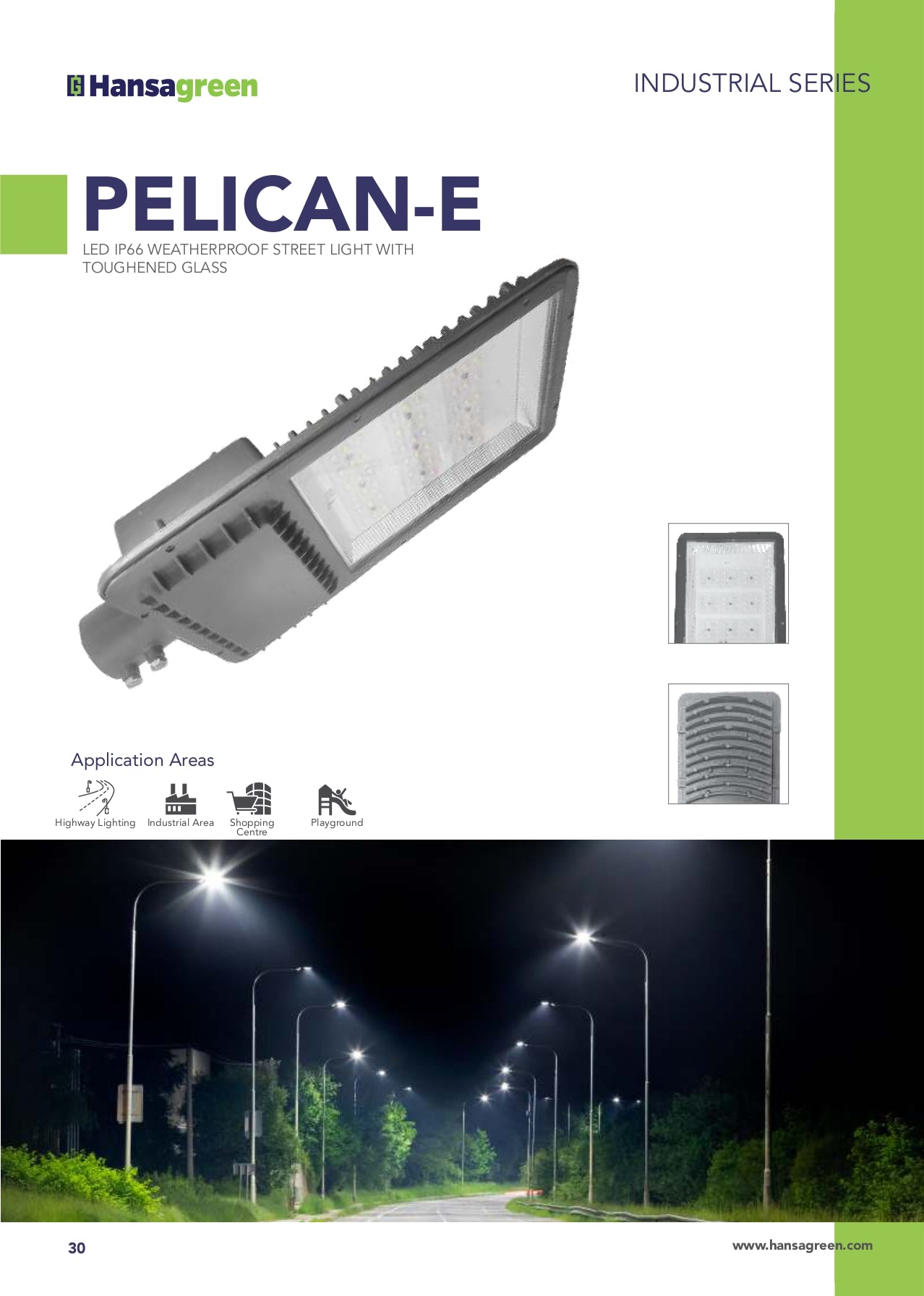 Hansagreen Pelican-E LED street light with application area icons and a road scene at night.