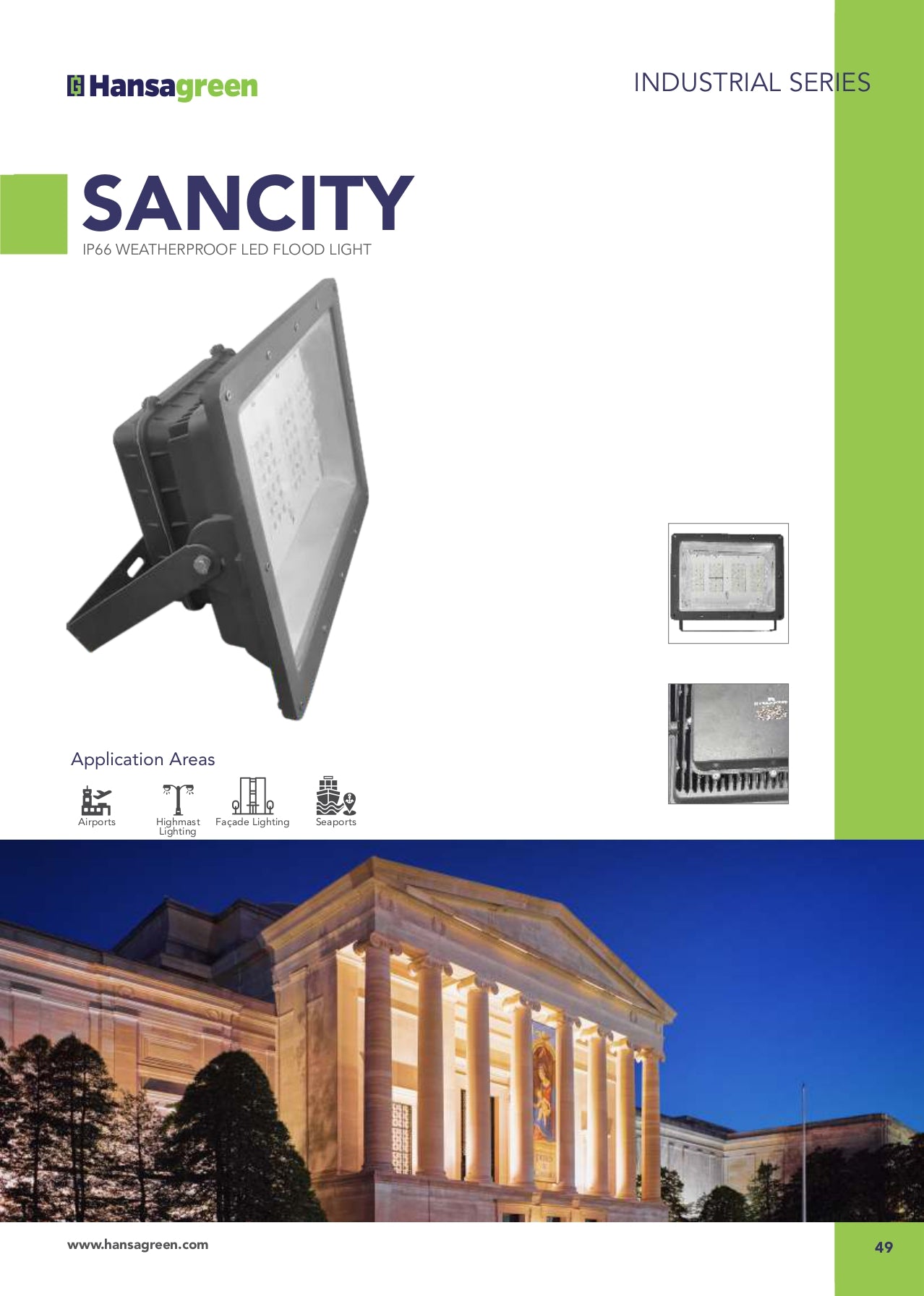 Hansagreen SANCITY LED flood light with building application example on a magazine page.