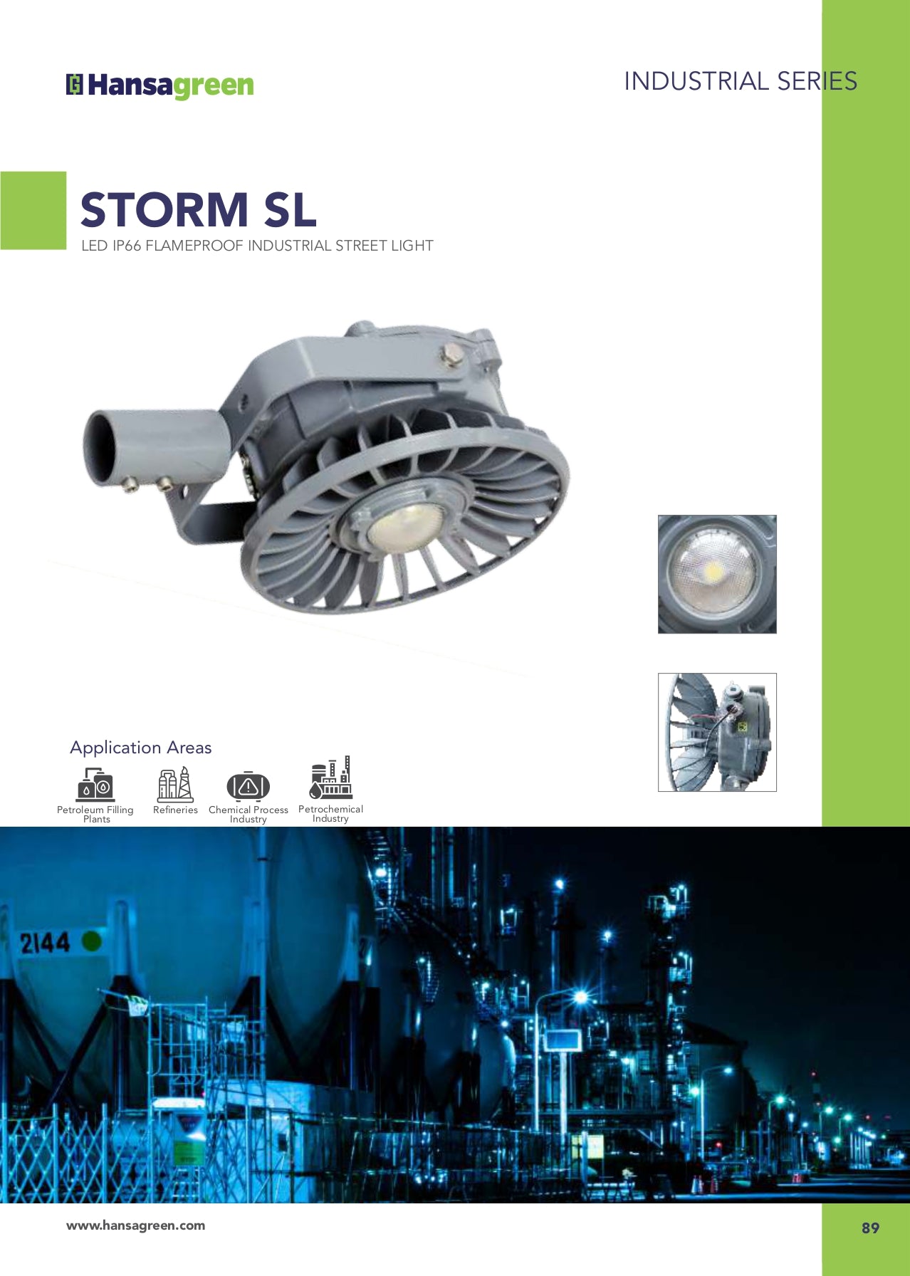 Hansagreen Storm SL LED industrial street light with product details and application areas.