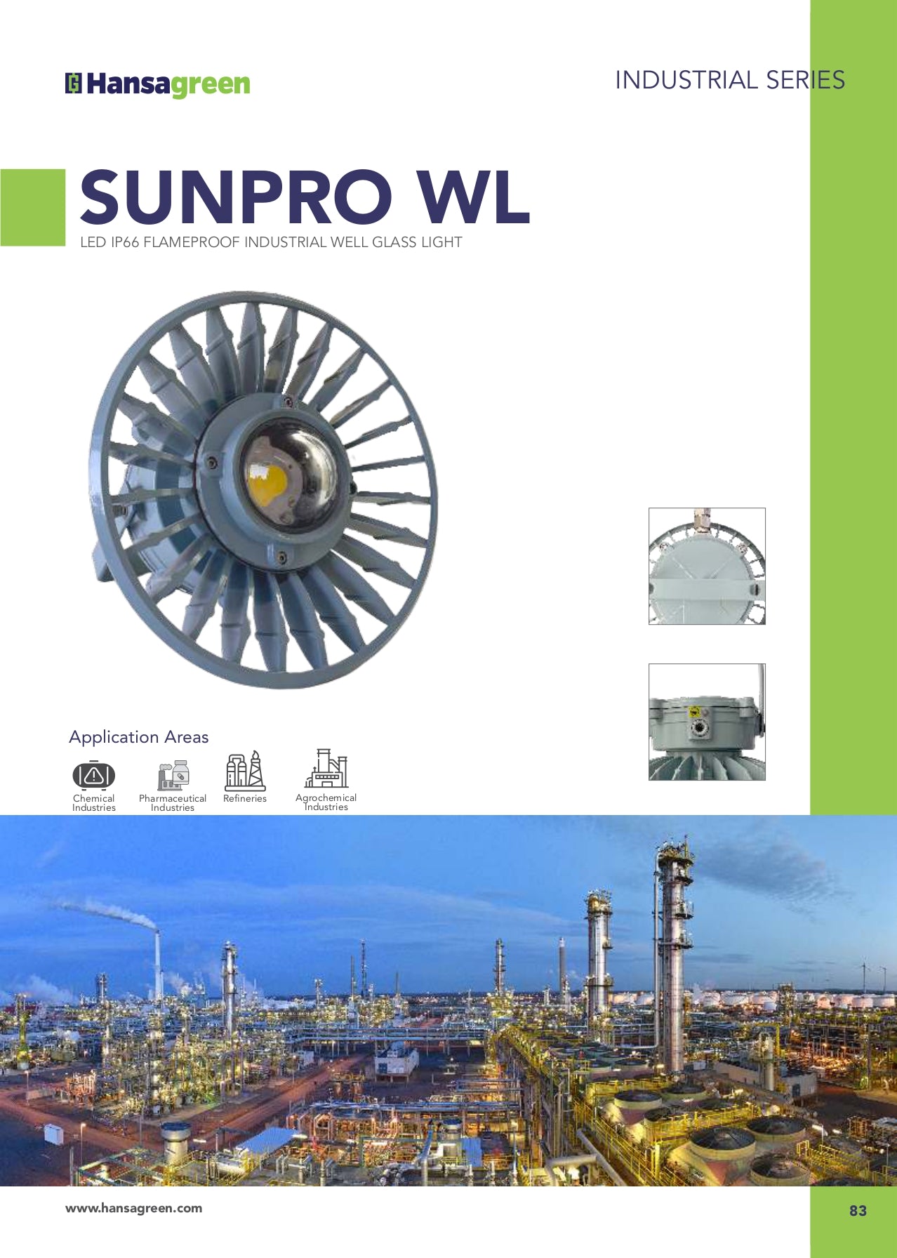 Hansagreen Sunpro WL LED industrial high-bay light with application area icons and factory background.