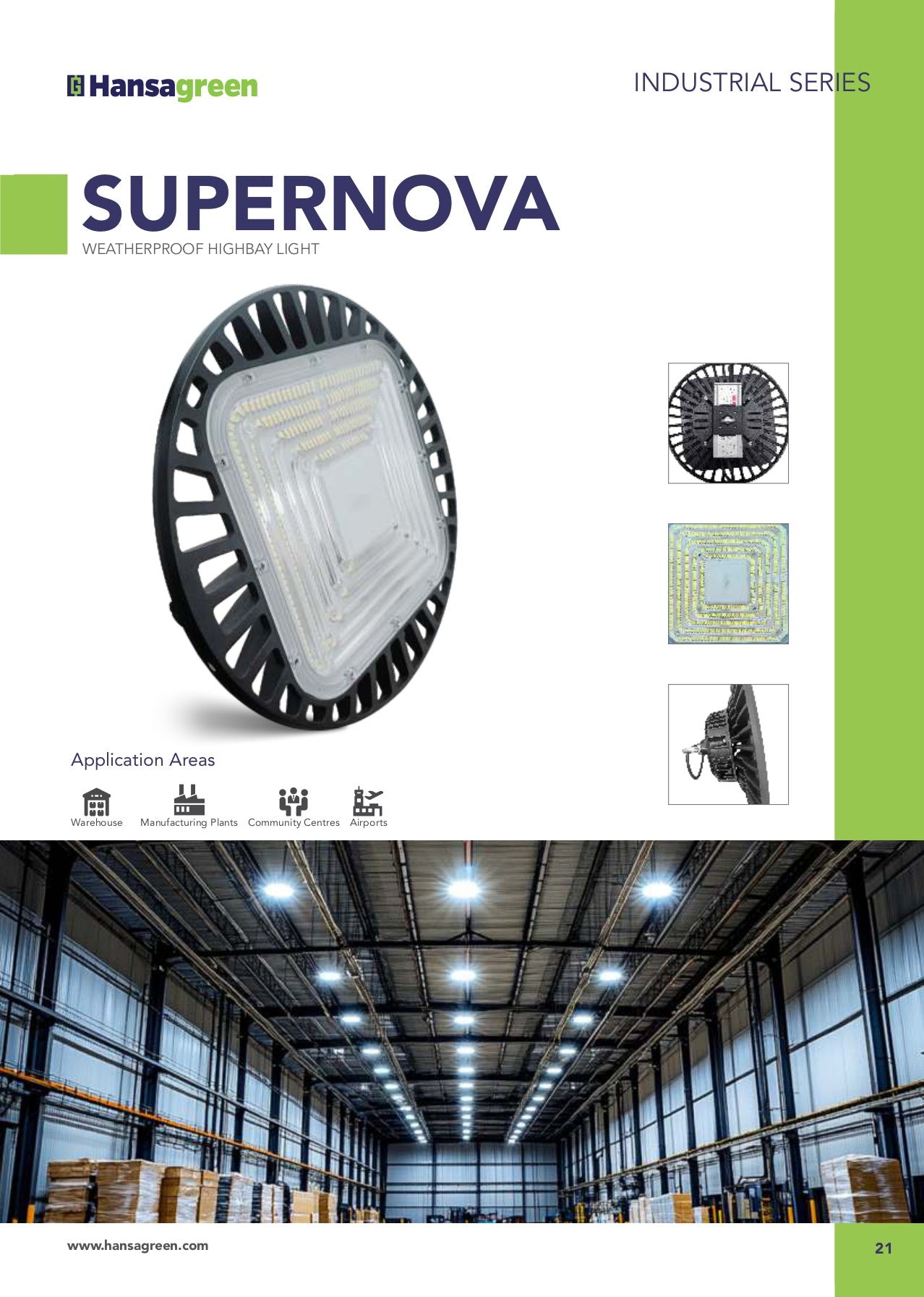 Hansagreen Supernova high-bay light with warehouse application example
