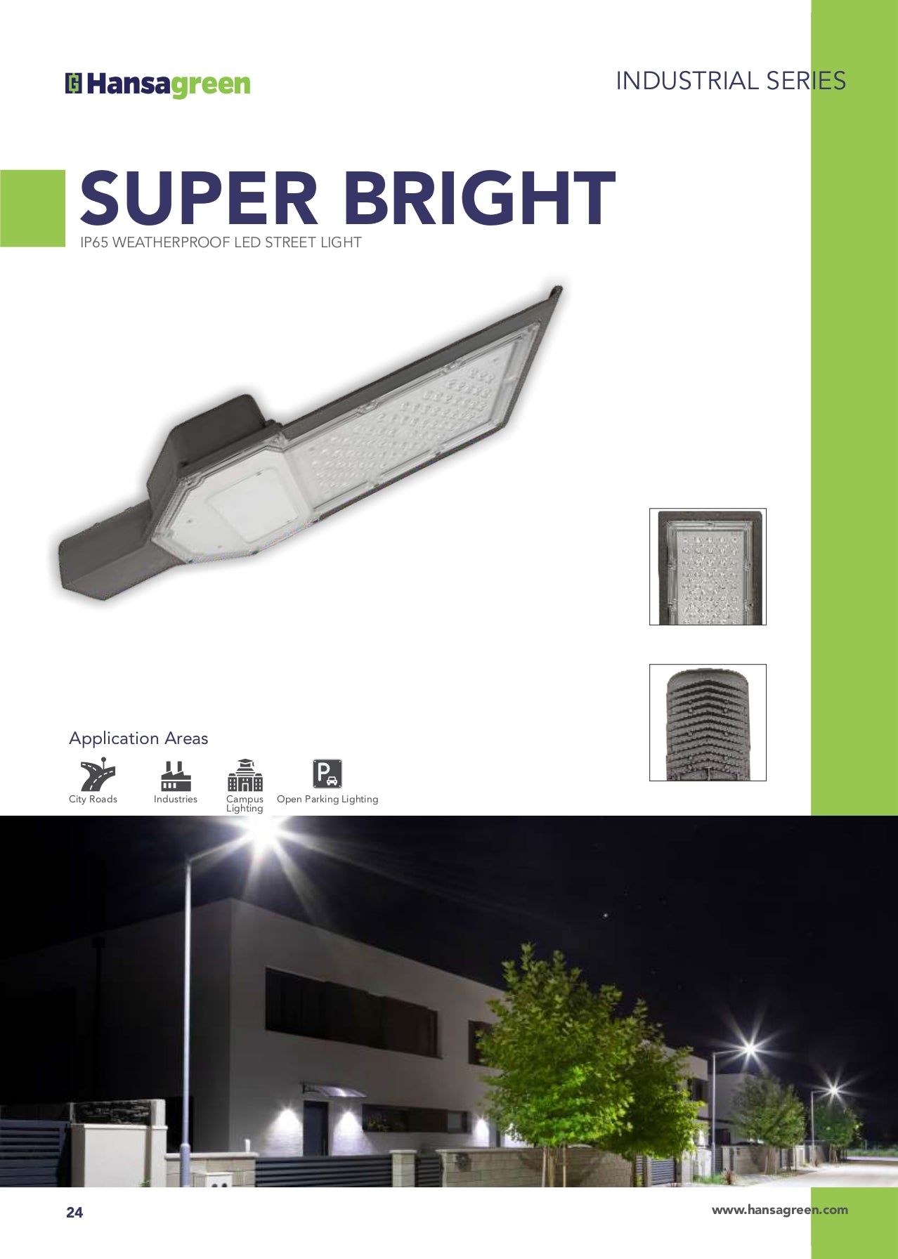 Hansagreen industrial LED street light with product details and application examples.