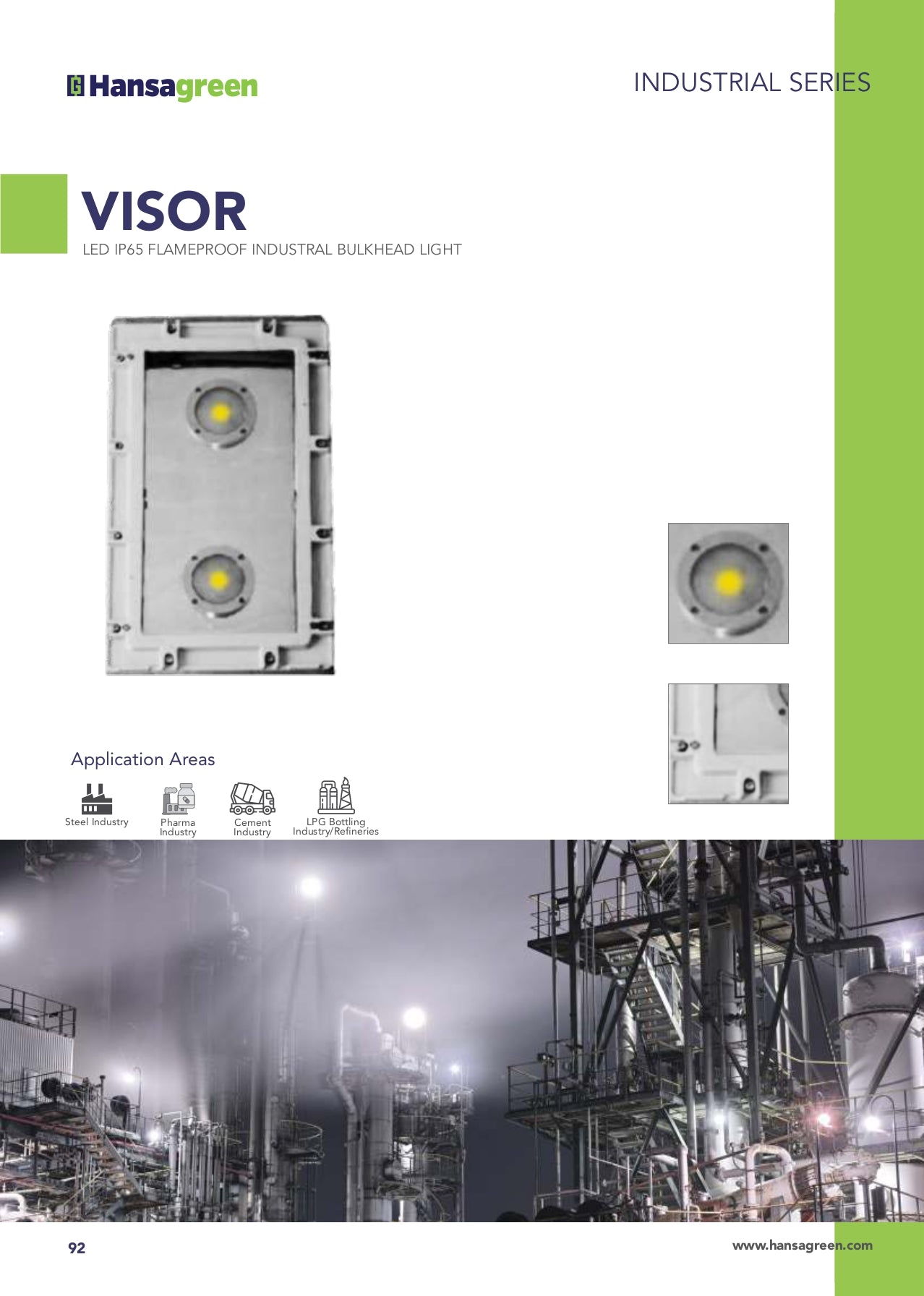Hansagreen Industrial Series Visor LED High Bay Light with application area icons and factory image.
