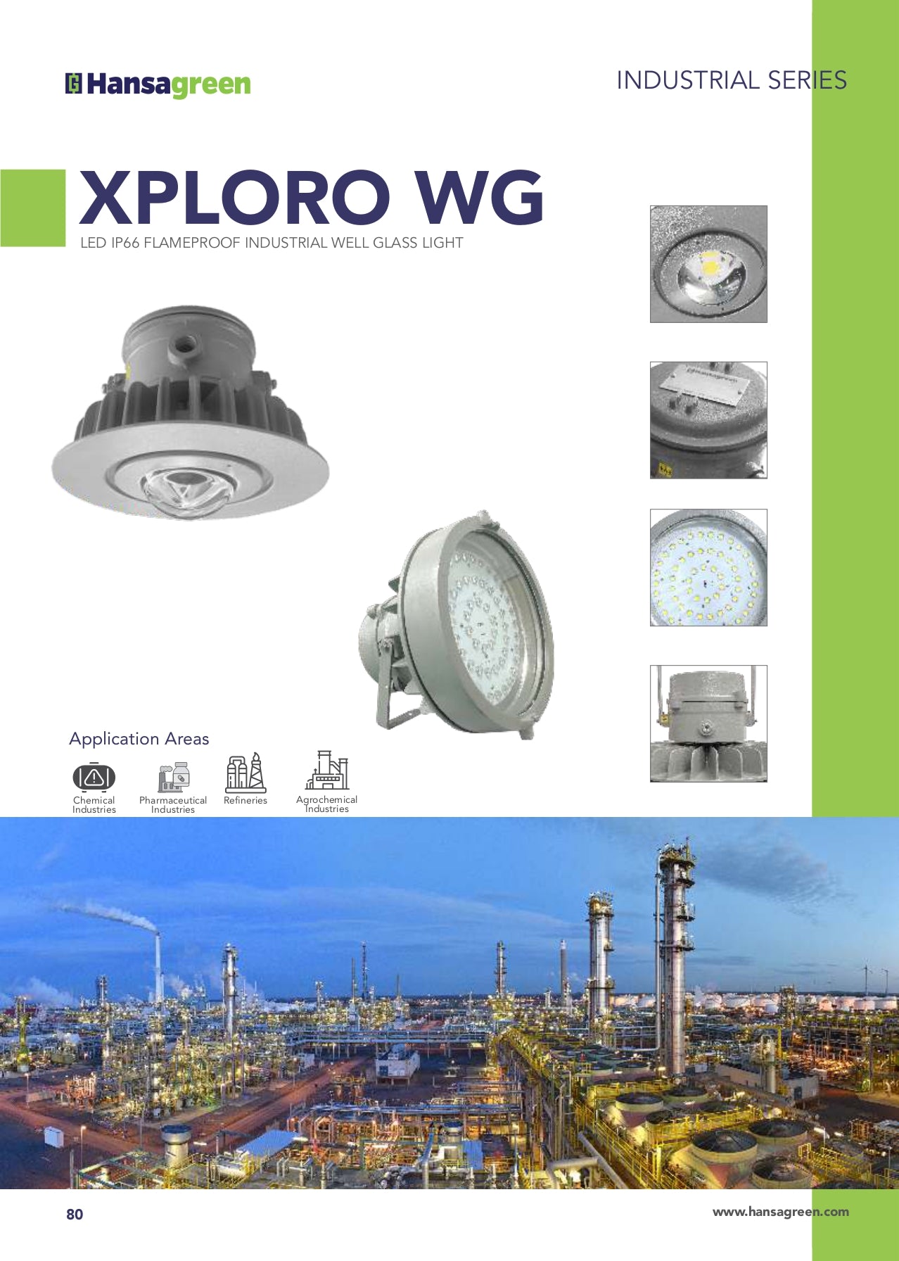 Hansagreen XPLORO WG LED industrial high bay light with application area icons and factory background.
