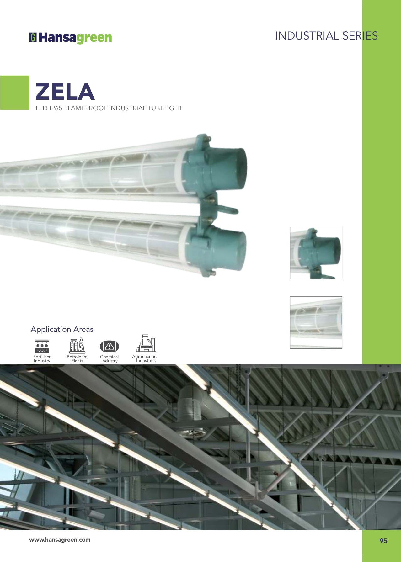 Hansagreen Zela LED industrial tube light with application area icons on a white background